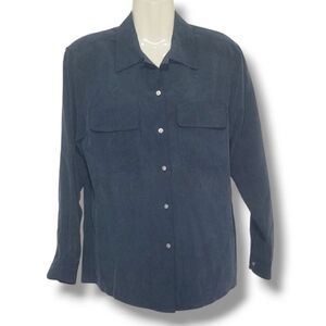 SILK HOUSE - Small 100% Silk Navy Blue Button Down Shirt